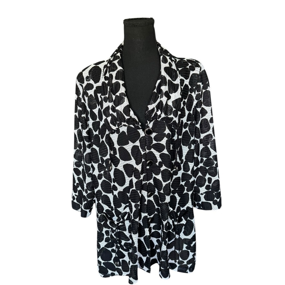 Ali Miles Black White Textured Tunic Top L Artistic Pattern Drawstring Waist L31